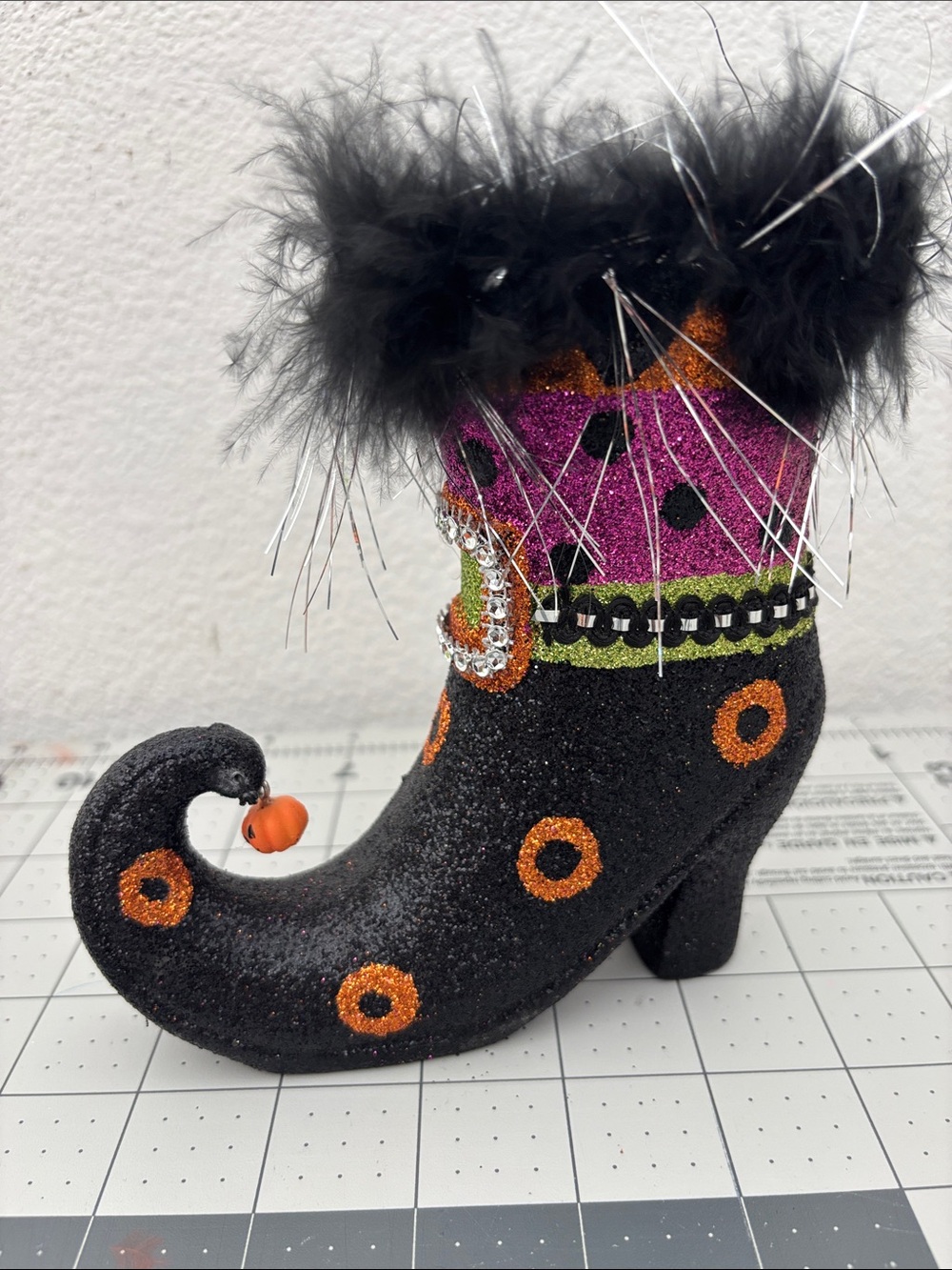 Halloween Decor Black Glitter Curled Heel Witch Shoe with Orange Accents